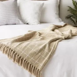 Blankets & Throws-Kirkland's Home Brandy Plaid Fringed Throw Tan