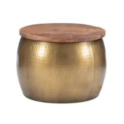 Coffee Tables-Kirkland's Home Brass Hammered Drum Storage Coffee Table Brown