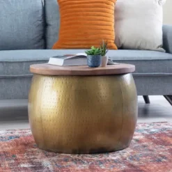 Coffee Tables-Kirkland's Home Brass Hammered Drum Storage Coffee Table Brown
