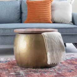 Coffee Tables-Kirkland's Home Brass Hammered Drum Storage Coffee Table Brown