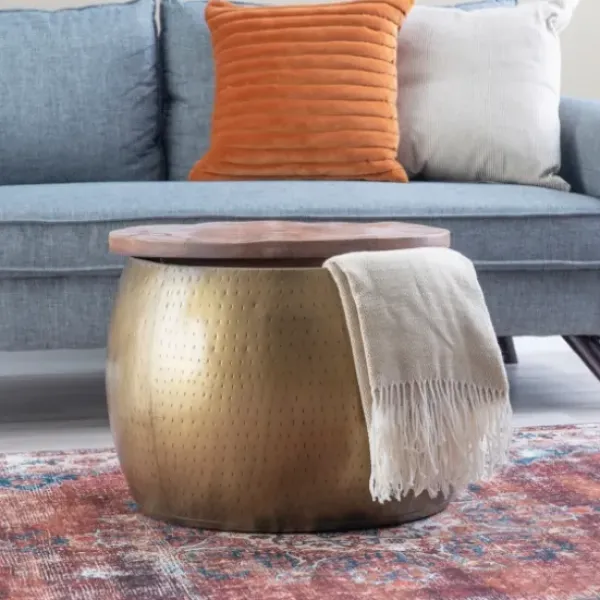 Coffee Tables-Kirkland's Home Brass Hammered Drum Storage Coffee Table Brown