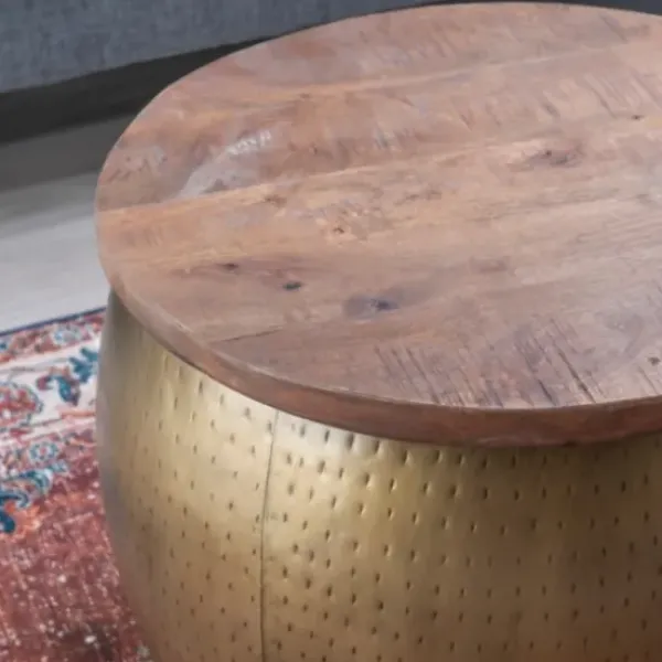 Coffee Tables-Kirkland's Home Brass Hammered Drum Storage Coffee Table Brown