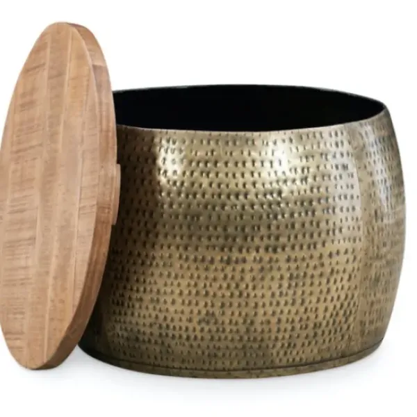 Coffee Tables-Kirkland's Home Brass Hammered Drum Storage Coffee Table Brown