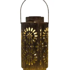 Outdoor Lighting-Kirkland's Home Brass Metal Flower Cutout Solar Lantern Brown