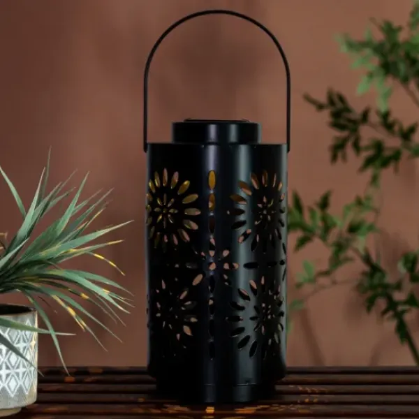 Outdoor Lighting-Kirkland's Home Brass Metal Flower Cutout Solar Lantern Brown