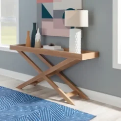 Console Tables-Kirkland's Home Brazilian Pine Tray Top Console Table Tan