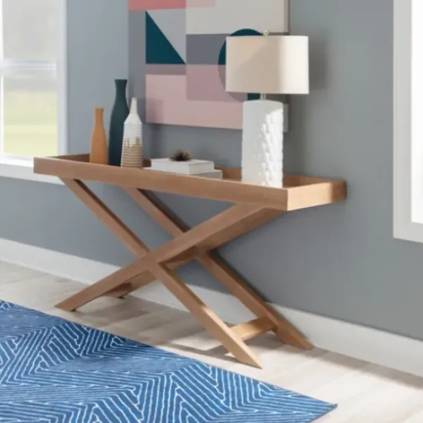 Console Tables-Kirkland's Home Brazilian Pine Tray Top Console Table Tan