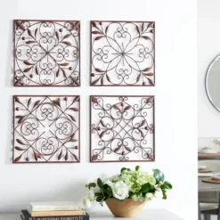 Wall Plaques-Kirkland's Home Bronze Scrollwork 4-Pc. Panel Wall Art Brown