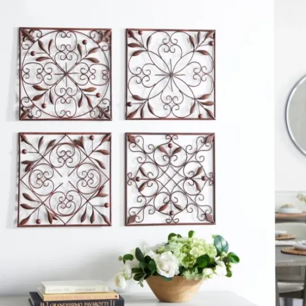 Wall Plaques-Kirkland's Home Bronze Scrollwork 4-Pc. Panel Wall Art Brown