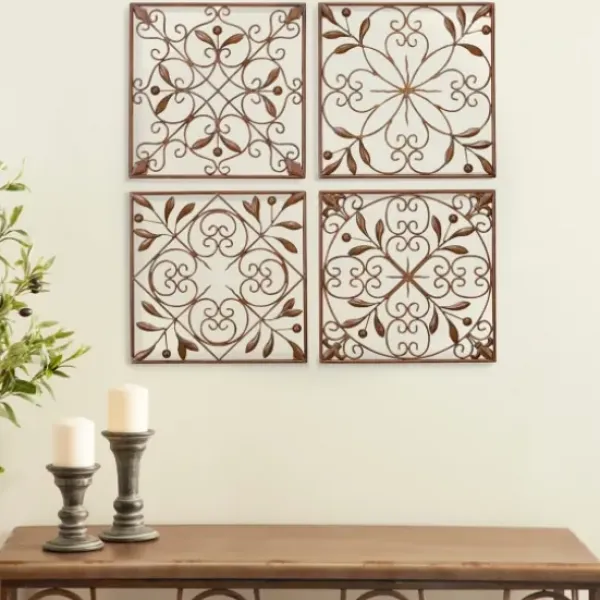 Wall Plaques-Kirkland's Home Bronze Scrollwork 4-Pc. Panel Wall Art Brown