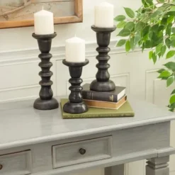 Candle Holders-Kirkland's Home Bronze Wood Column Candle Holders, Set Of 3 Brown