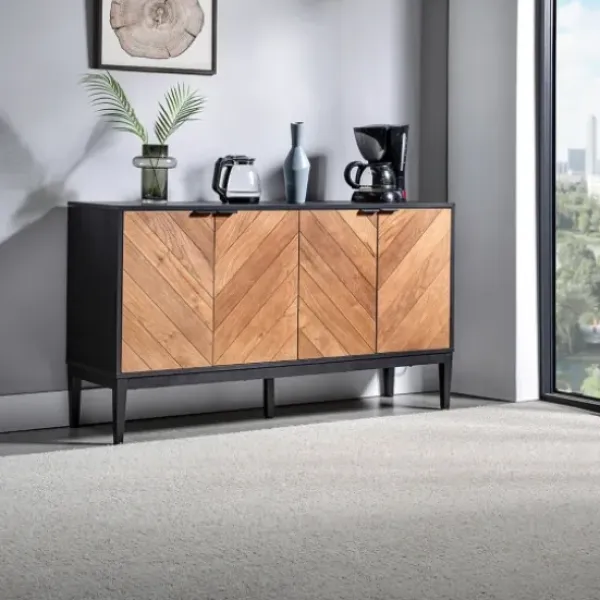 Cabinets & Sideboards-Kirkland's Home Brown And Black Wood Chevron 4-Door Sideboard Brown/Black