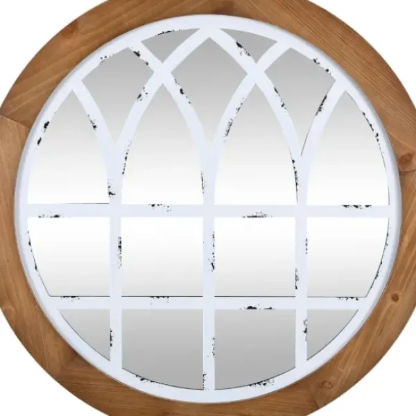 Decorative Mirrors-Kirkland's Home Brown And Wooden Round Windowpane Mirror White