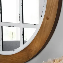 Decorative Mirrors-Kirkland's Home Brown And Wooden Round Windowpane Mirror White