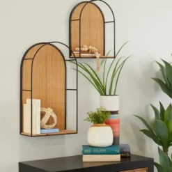 Shelves-Kirkland's Home Brown Bamboo Arched Modern Wall Shelves, Set Of 2