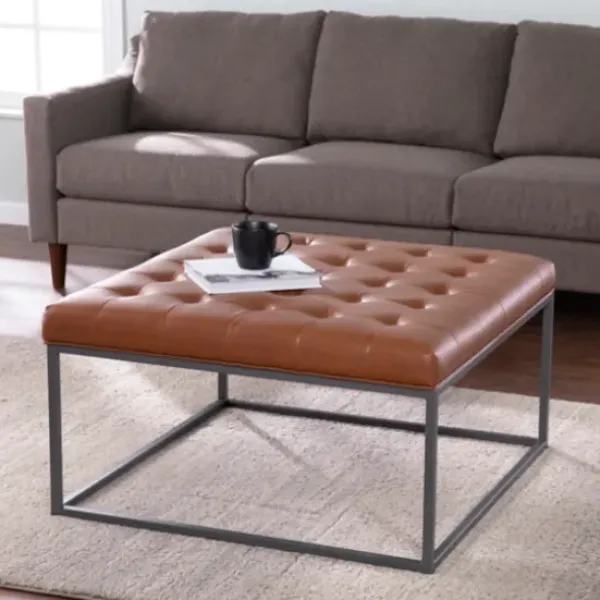 Benches & Ottomans-Kirkland's Home Brown Button Tufted Faux Leather Ottoman Brown/Gray
