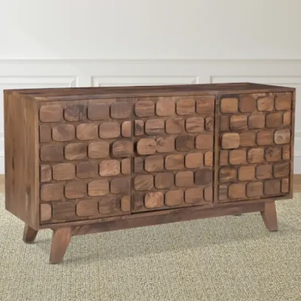 Cabinets & Sideboards-Kirkland's Home Brown Carved Wood Woven 3-Door Sideboard