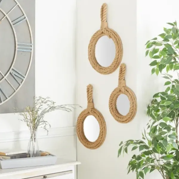 Decorative Mirrors-Kirkland's Home Brown Cora Jute Wall Mirrors, Set Of 3