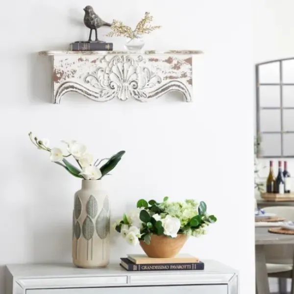 Shelves-Kirkland's Home Brown Distressed Carved Wood Wall Shelf
