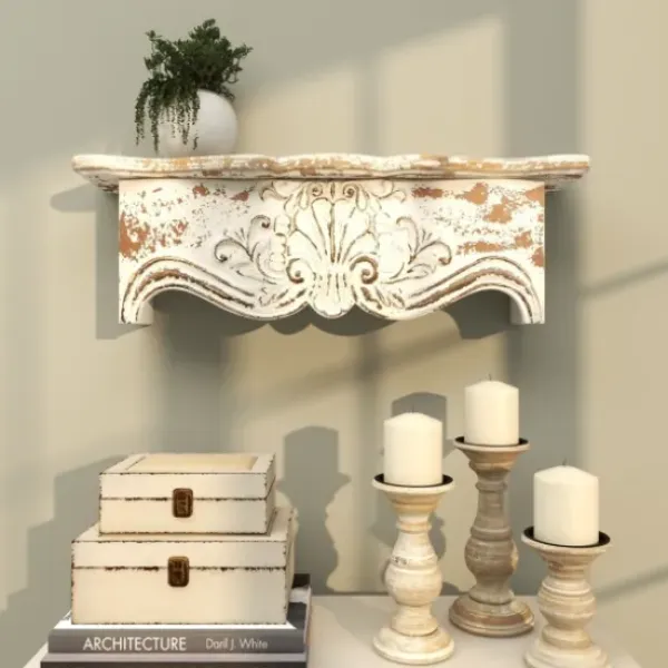 Shelves-Kirkland's Home Brown Distressed Carved Wood Wall Shelf