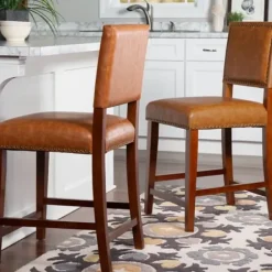 Bar Stools & Counter Height Stools-Kirkland's Home Brown Faux Leather Square Classic Counter Stool Tan