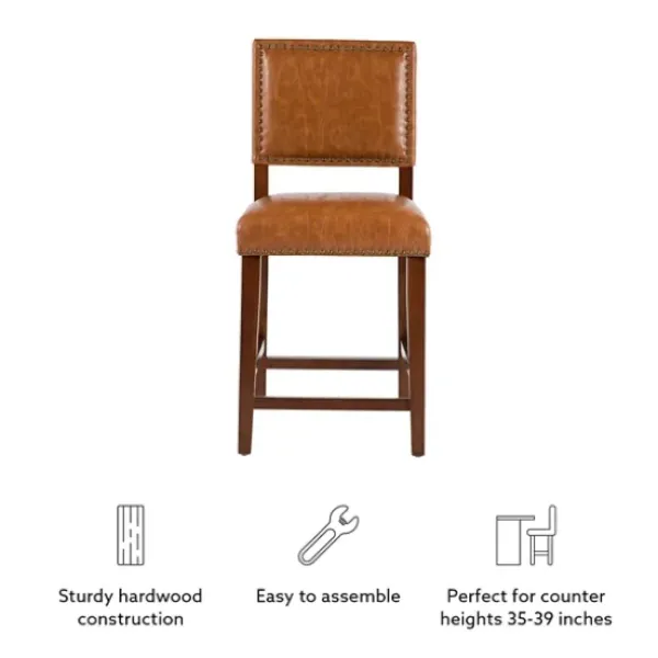 Bar Stools & Counter Height Stools-Kirkland's Home Brown Faux Leather Square Classic Counter Stool Tan