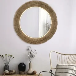Decorative Mirrors-Kirkland's Home Brown Fringe Jute Round Wall Mirror