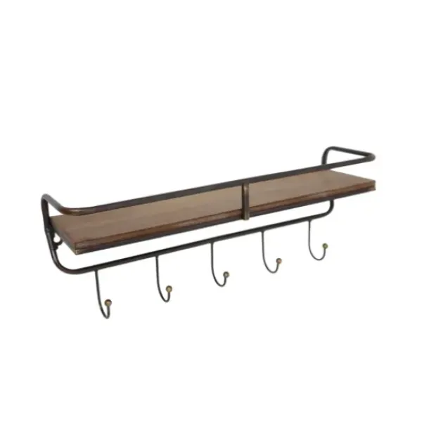 Hooks-Kirkland's Home Brown Metal Frame Wood Wall Shelf With Hooks