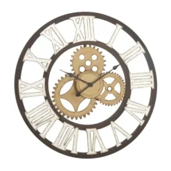 Clocks-Kirkland's Home Brown Metal Open Face Gold Gears Wall Clock