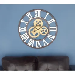 Clocks-Kirkland's Home Brown Metal Open Face Gold Gears Wall Clock