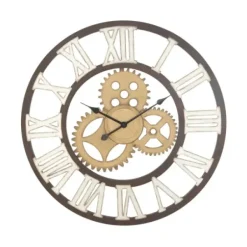 Clocks-Kirkland's Home Brown Metal Open Face Gold Gears Wall Clock