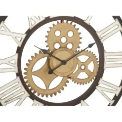 Clocks-Kirkland's Home Brown Metal Open Face Gold Gears Wall Clock