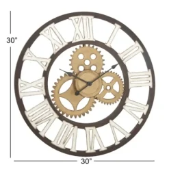 Clocks-Kirkland's Home Brown Metal Open Face Gold Gears Wall Clock
