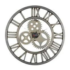 Clocks-Kirkland's Home Brown Metal Open Face Gold Gears Wall Clock