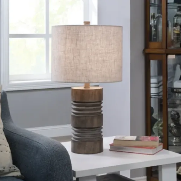 Table Lamps-Kirkland's Home Brown Ribbed Wood Finish Table Lamp Tan