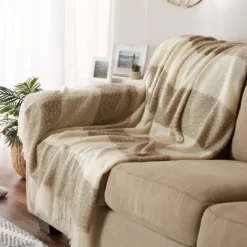 Blankets & Throws-Kirkland's Home Brown Rugby Stripe Fringe Throw Ivory/Brown