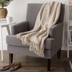 Blankets & Throws-Kirkland's Home Brown Stone Square Stripes Throw Brown/White