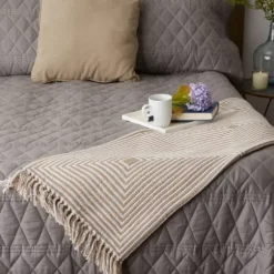 Blankets & Throws-Kirkland's Home Brown Stone Square Stripes Throw Brown/White