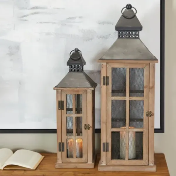 Lanterns-Kirkland's Home Brown Windowpane Mesh Lanterns, Set Of 2 Brown/Black