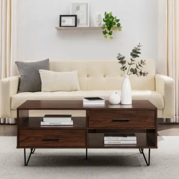 Coffee Tables-Kirkland's Home Brown Wood & Black Metal Hairpin Legs Coffee Table