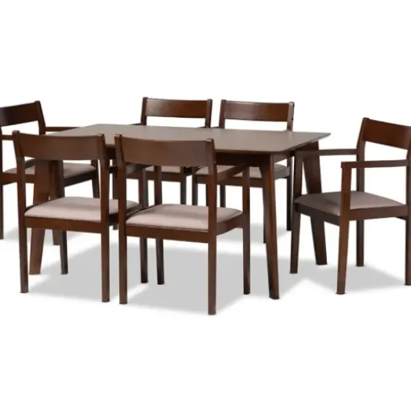 Dining Tables-Kirkland's Home Brown Wood And Beige Upholstered 7-Pc. Dining Set Gray