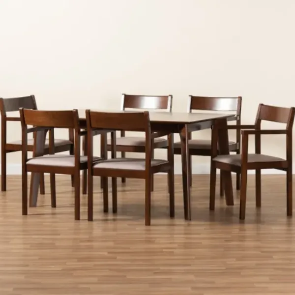 Dining Tables-Kirkland's Home Brown Wood And Beige Upholstered 7-Pc. Dining Set Gray