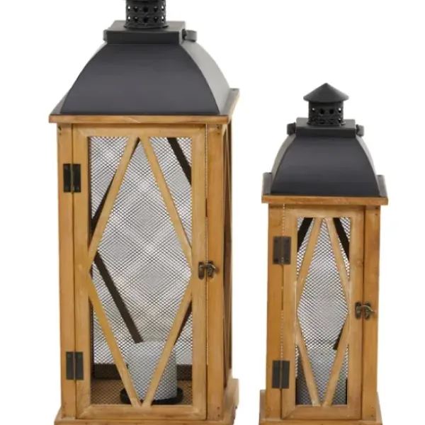 Lanterns-Kirkland's Home Brown Wood And Black Mesh Lanterns, Set Of 2 Brown/Black