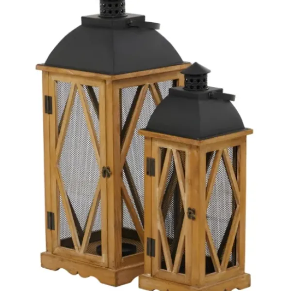 Lanterns-Kirkland's Home Brown Wood And Black Mesh Lanterns, Set Of 2 Brown/Black