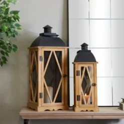 Lanterns-Kirkland's Home Brown Wood And Black Mesh Lanterns, Set Of 2 Brown/Black