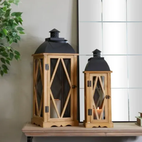 Lanterns-Kirkland's Home Brown Wood And Black Mesh Lanterns, Set Of 2 Brown/Black