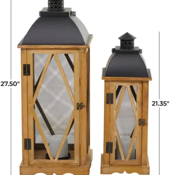 Lanterns-Kirkland's Home Brown Wood And Black Mesh Lanterns, Set Of 2 Brown/Black