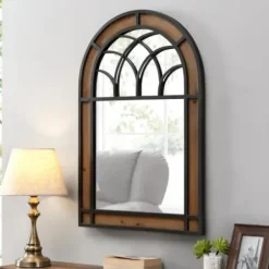 Decorative Mirrors-Kirkland's Home Brown Wood And Black Metal Arch Frame Mirror