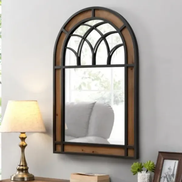 Decorative Mirrors-Kirkland's Home Brown Wood And Black Metal Arch Frame Mirror