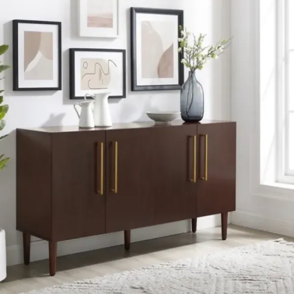 Cabinets & Sideboards-Kirkland's Home Brown Wood And Gold 4-Door Cabinet